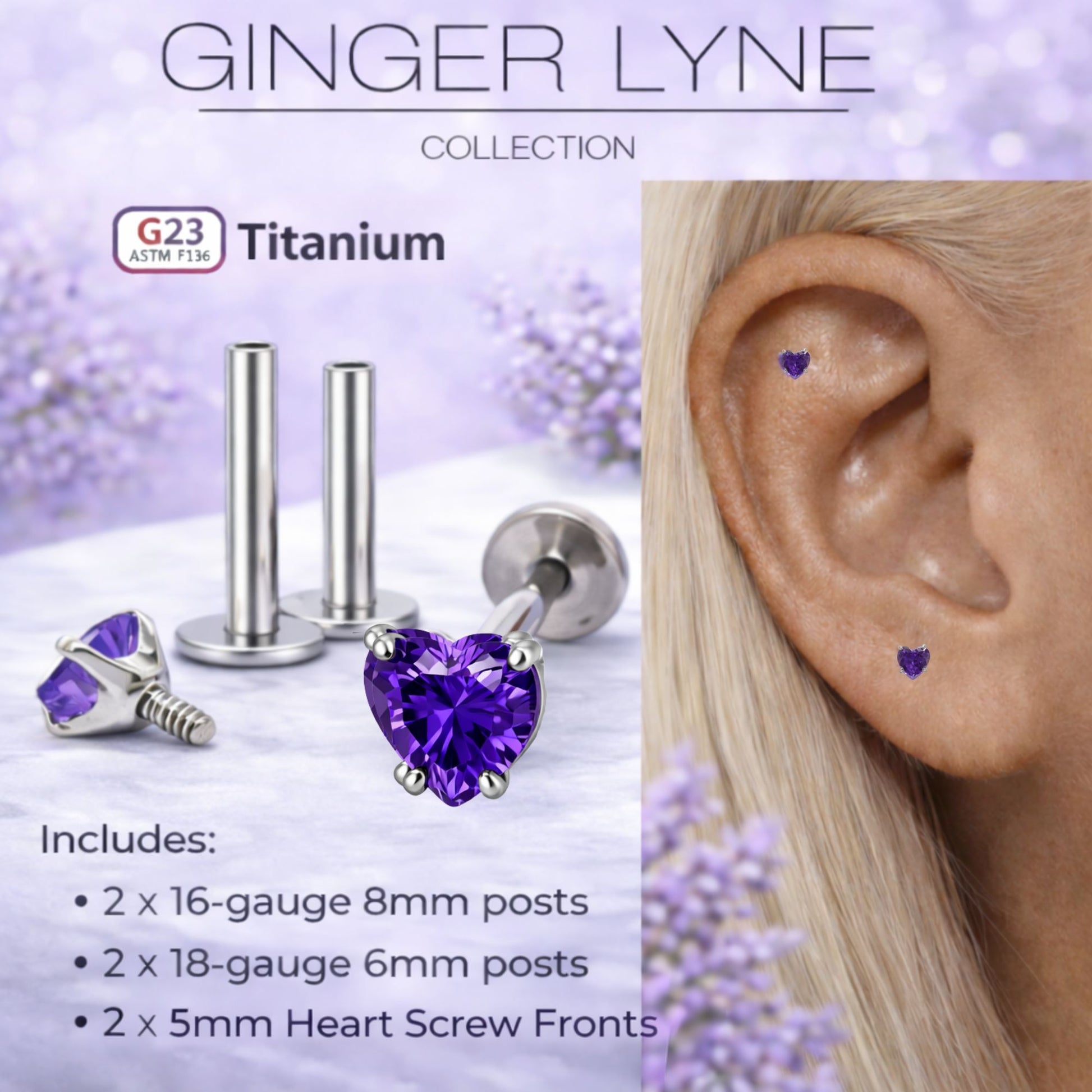 Small Heart CZ Solitaire Flat Back Stud Earrings Body Piercings by Ginger Lyne 2 Sets Post 6mm 8mm Included - 5mm-DKPurple