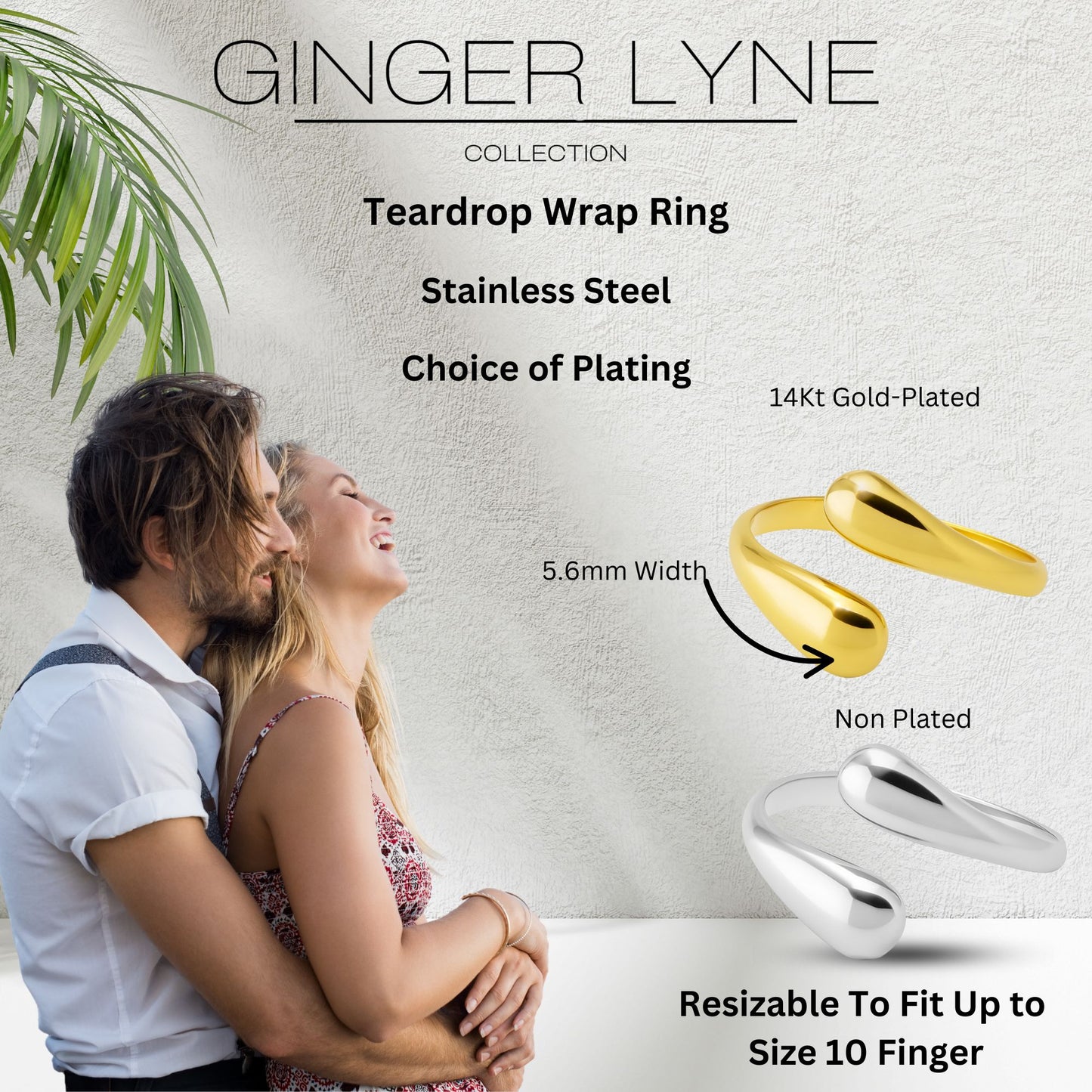 Teardrop Wrap Ring for Women 14kt Gold Plated Stainless Steel Adjustable Casual Fashion Ring - Silver-Tone