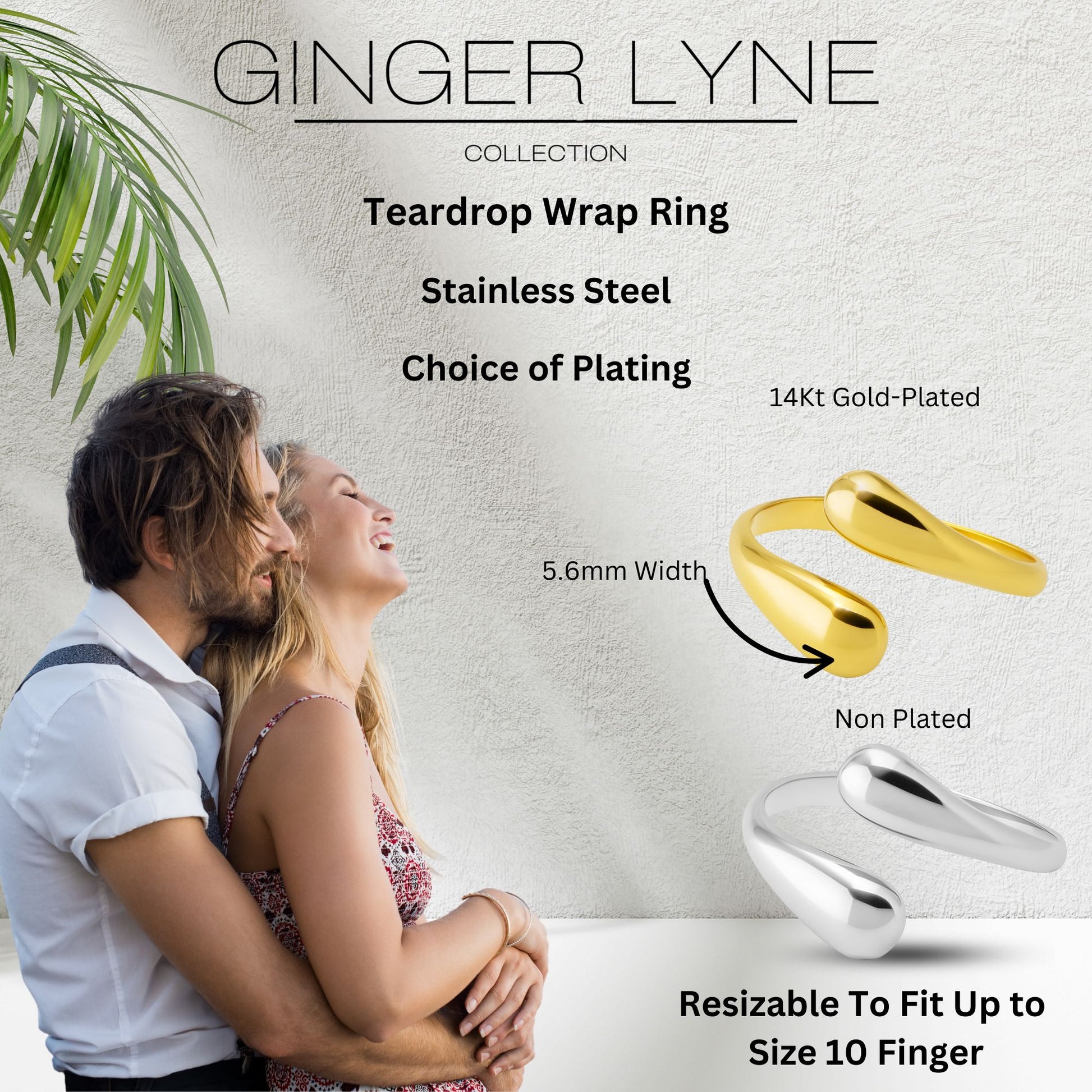 Teardrop Wrap Ring for Women 14kt Gold Plated Stainless Steel Adjustable Casual Fashion Ring - Silver-Tone