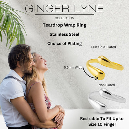 Teardrop Wrap Ring for Women 14kt Gold Plated Stainless Steel Adjustable Casual Fashion Ring - Silver-Tone