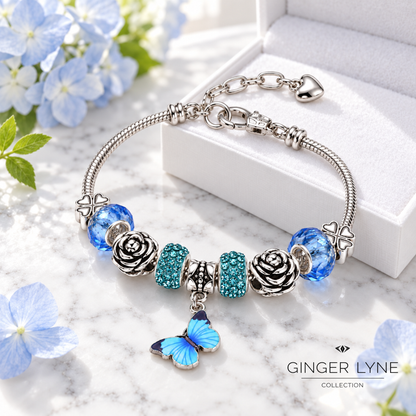 BlueButterflyCharmBraceletforWomenFourLeafCloverSnakeChainbyGingerLyne_Blue-2