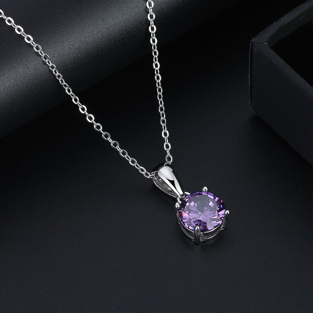 Solitaire Birthstone Necklace for Women Cz Sterling Silver Ginger Lyne Collection - February-Amethyst Purple