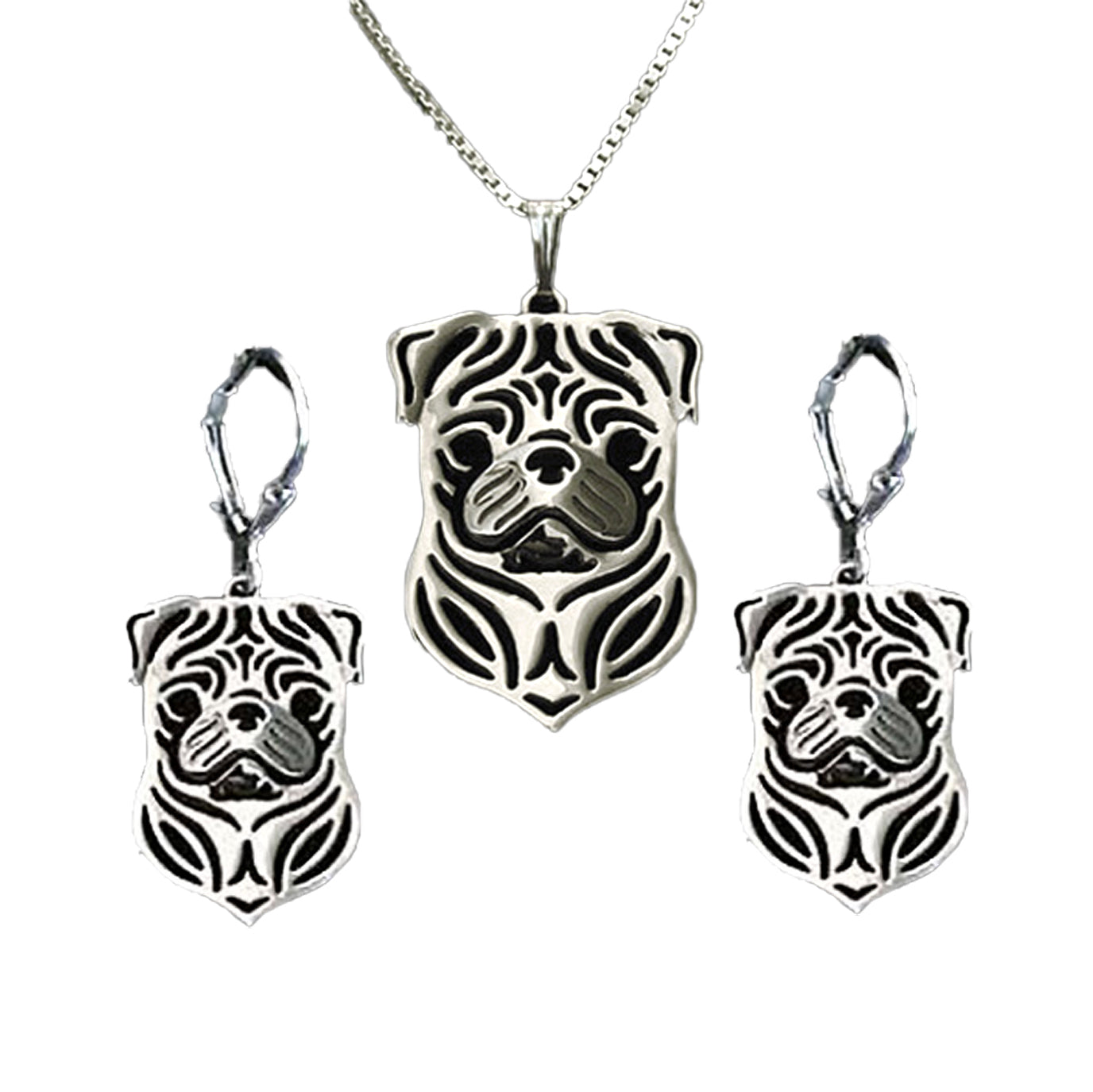 Pug Dog Sterling Silver Pendant Necklace Earrings Set Womens Ginger Lyne Collection - Dog Set