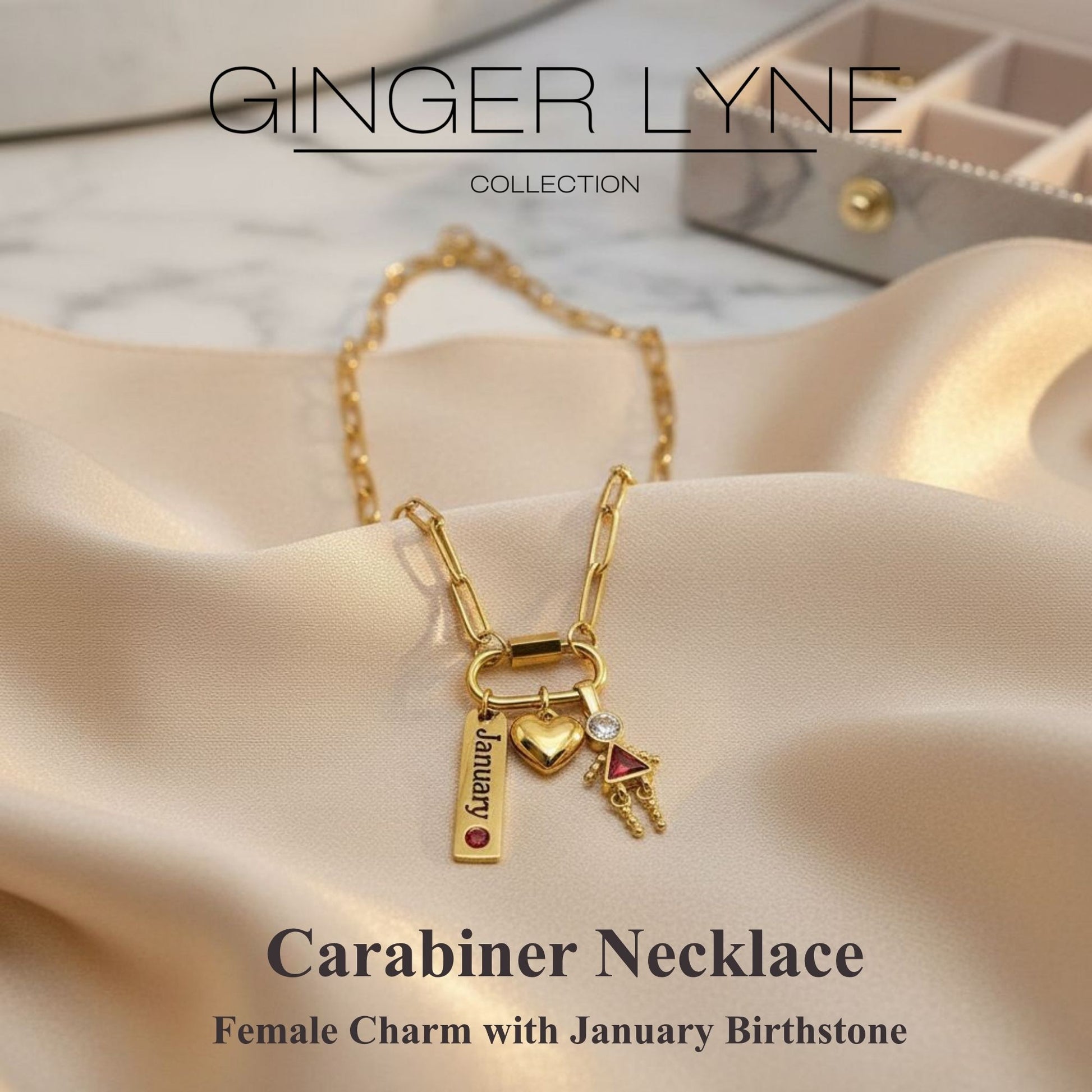 Carabiner Family Birthstone Necklace for Mom or Grandma by Ginger Lyne Stainless Steel CZ Birthday Charms_Female-January-Gold-2