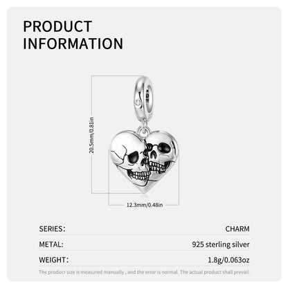 Skulls Heart Charm European Bead CZ Sterling Silver Ginger Lyne Collection