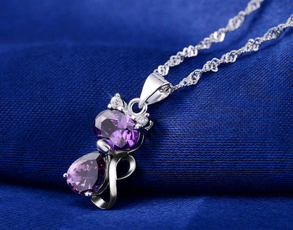 Kitten Cat Pendant Necklace for Girls or Women Purple Cubic Zirconia Ginger Lyne Collection