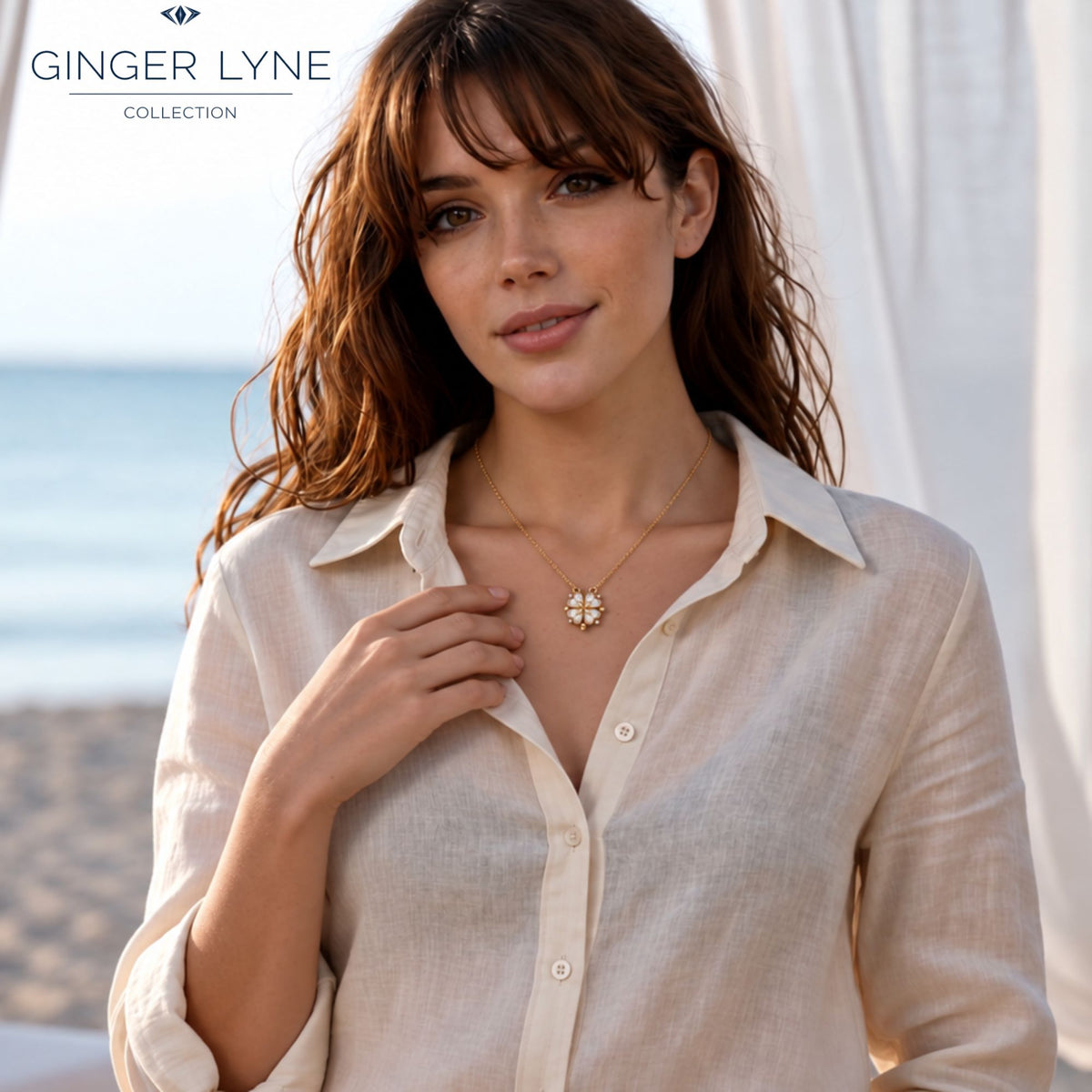 4 Leaf Clover Heart Pendant Necklace for Women Magnetic Sterling Silver Ginger Lyne Collection - Gold