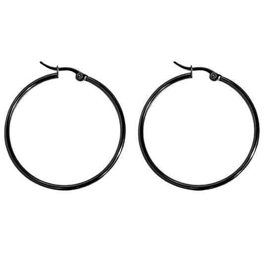 BlackHoopEarringsforWomenThinLarge50mmor60mmStainlessSteelGingerLyneCollection_Black-1