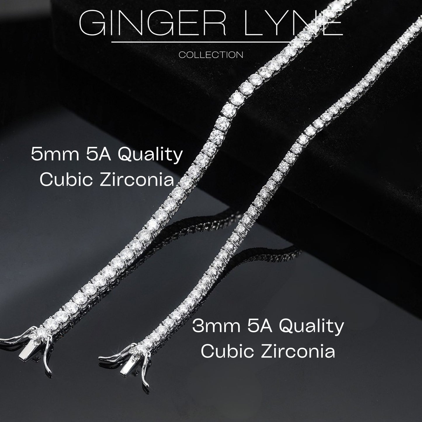 Tennis Necklace for Women Sterling Silver 3mm or 5mm Cubic Zirconia 16 or 18" Lengths by Ginger Lyne - 5mm-18"