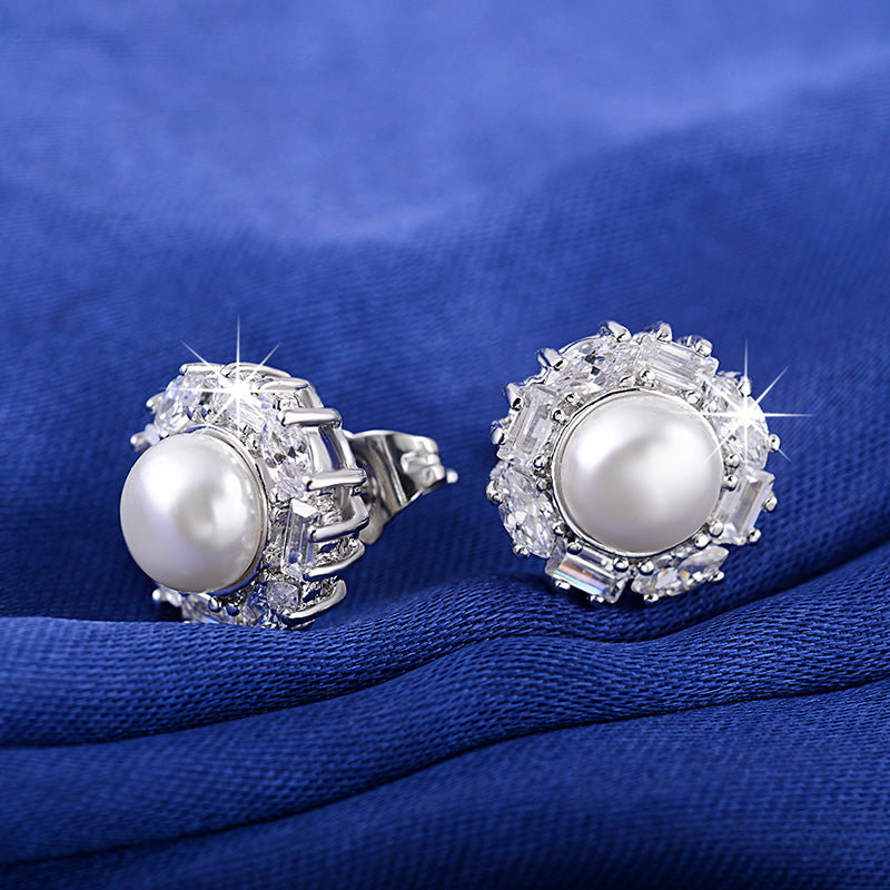 Baguette Cut Stud Earrings for Women Cubic Zirconia Simulated Pearl Ginger Lyne Collection - Silver