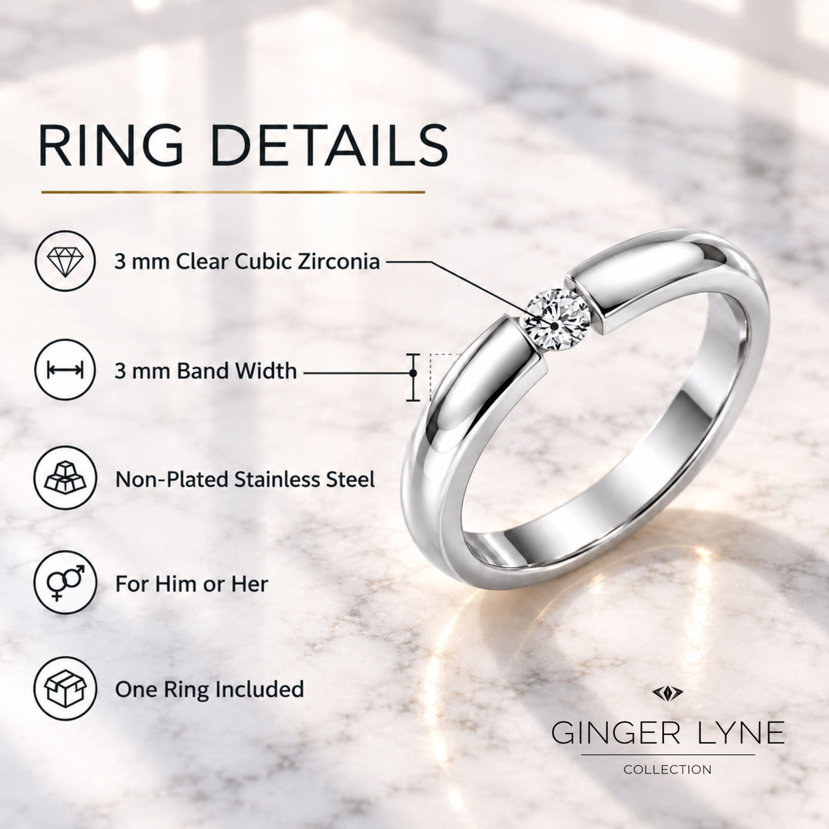 SilverToneWeddingBandRingforWomenorMen3mmStainlessSteelCZGingerLyneSize10_Silver-4