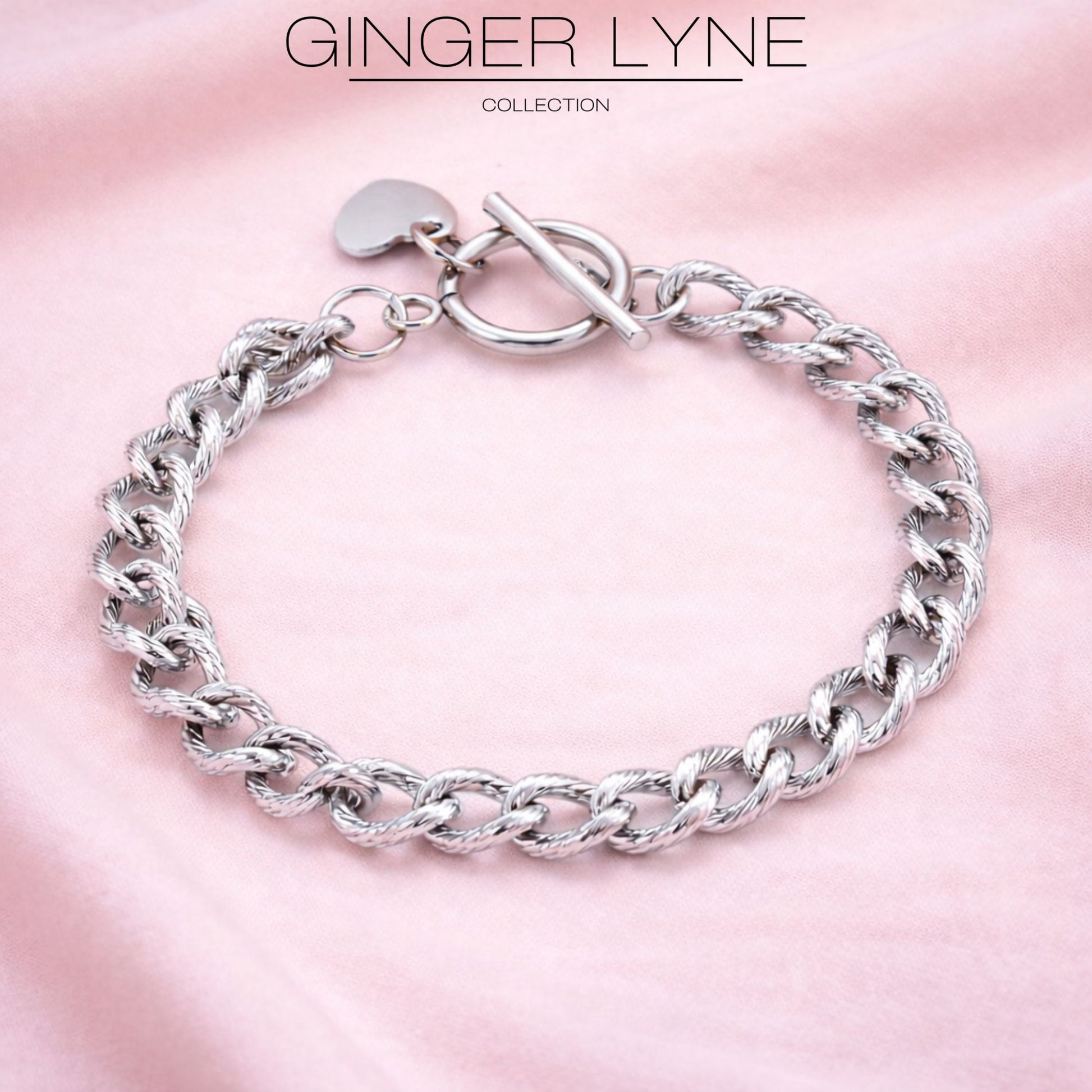 Heart Charm Toggle Bracelet for Women by Ginger Lyne Stainless Steel Chain - Silver Tone