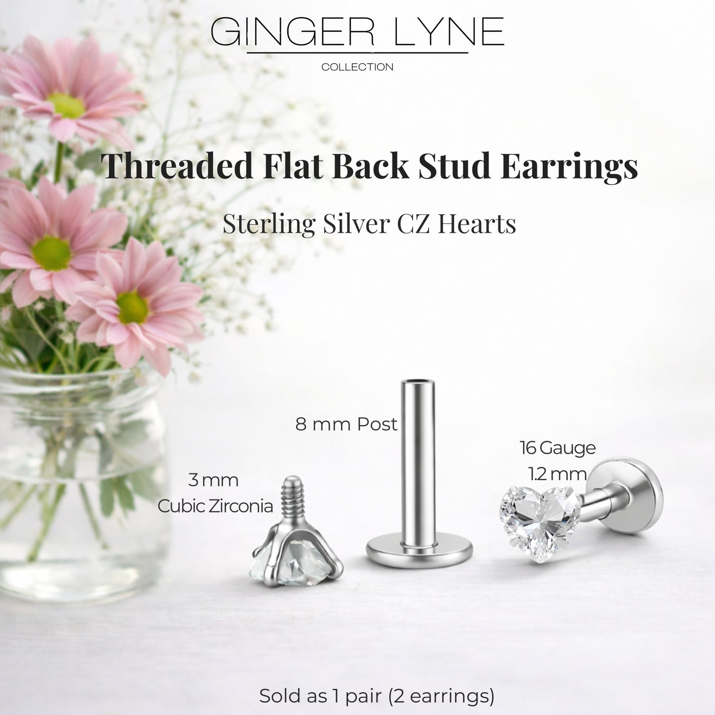Ginger Lyne Solitaire Heart Flat Back Stud Earrings Sterling Silver Cubic Zirconia Body Jewelry - Silver-3mmCZ-16G-8mmPost