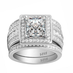 Beverly Bridal Set Halo Sterling Silver Engagement Ring Black Wedding Bands Ginger Lyne Collection - White Gold over Silver,8