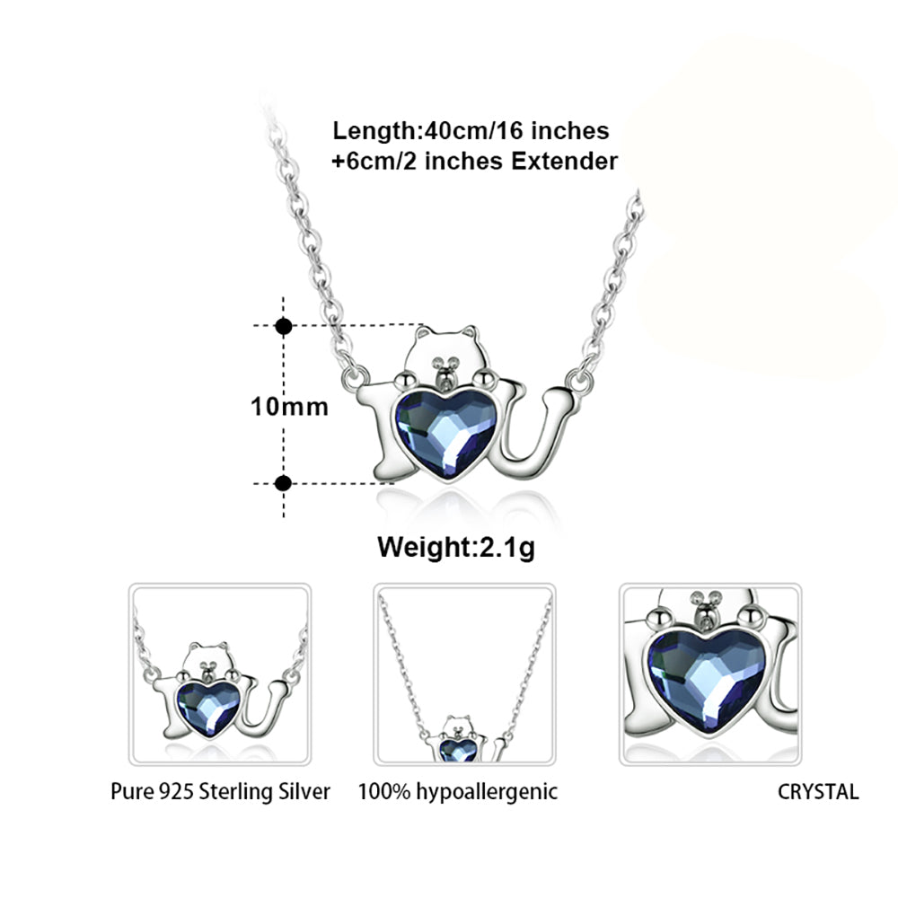 Teddy Bear I Love You  Necklace for Women Blue Heart Cz Sterling Silver Ginger Lyne Collection