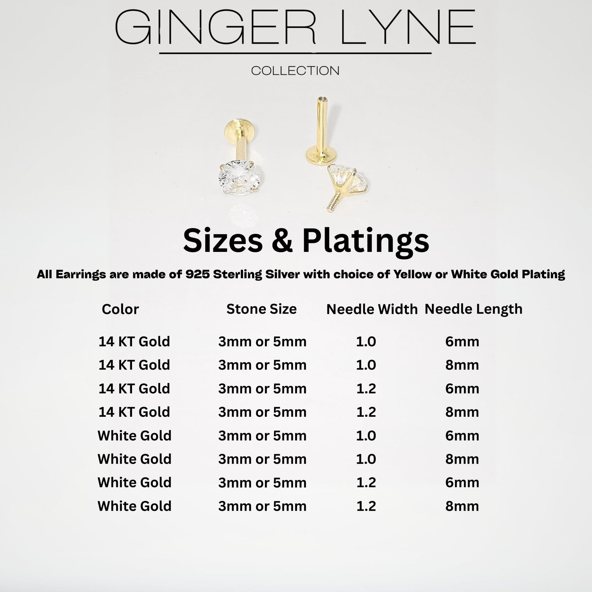 Solitaire Flat Back Stud Earrings by Ginger Lyne Sterling Silver 5A CZ 3mm or 5mm Stone - 5mm-1x6-Gold