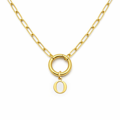 PaperclipLinkCircleCarabinerIntialLetterCharmHolderNecklaceforWomenStainlessSteel20"GingerLyne_Gold-O-1