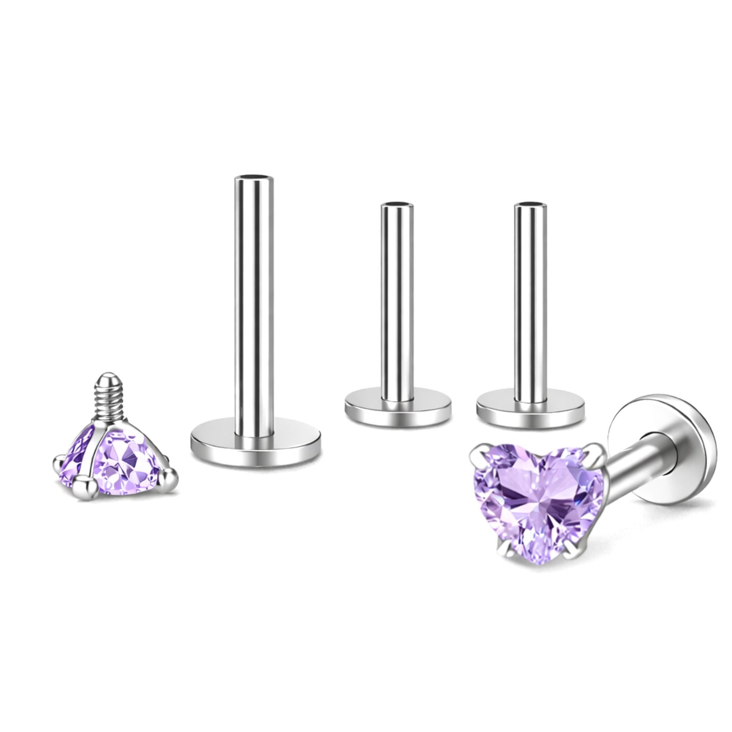 SmallHeartCZSolitaireFlatBackStudEarringsBodyPiercingsbyGingerLyne2SetsPost6mm8mmIncluded_5mm-LtPurple-1