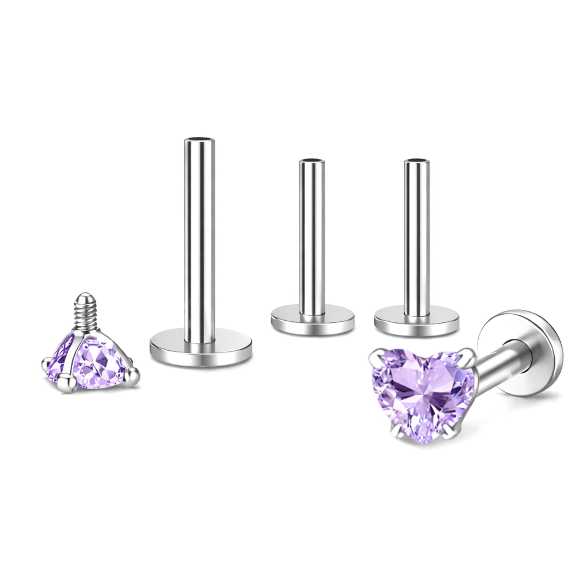 SmallHeartCZSolitaireFlatBackStudEarringsBodyPiercingsbyGingerLyne2SetsPost6mm8mmIncluded_5mm-LtPurple-1