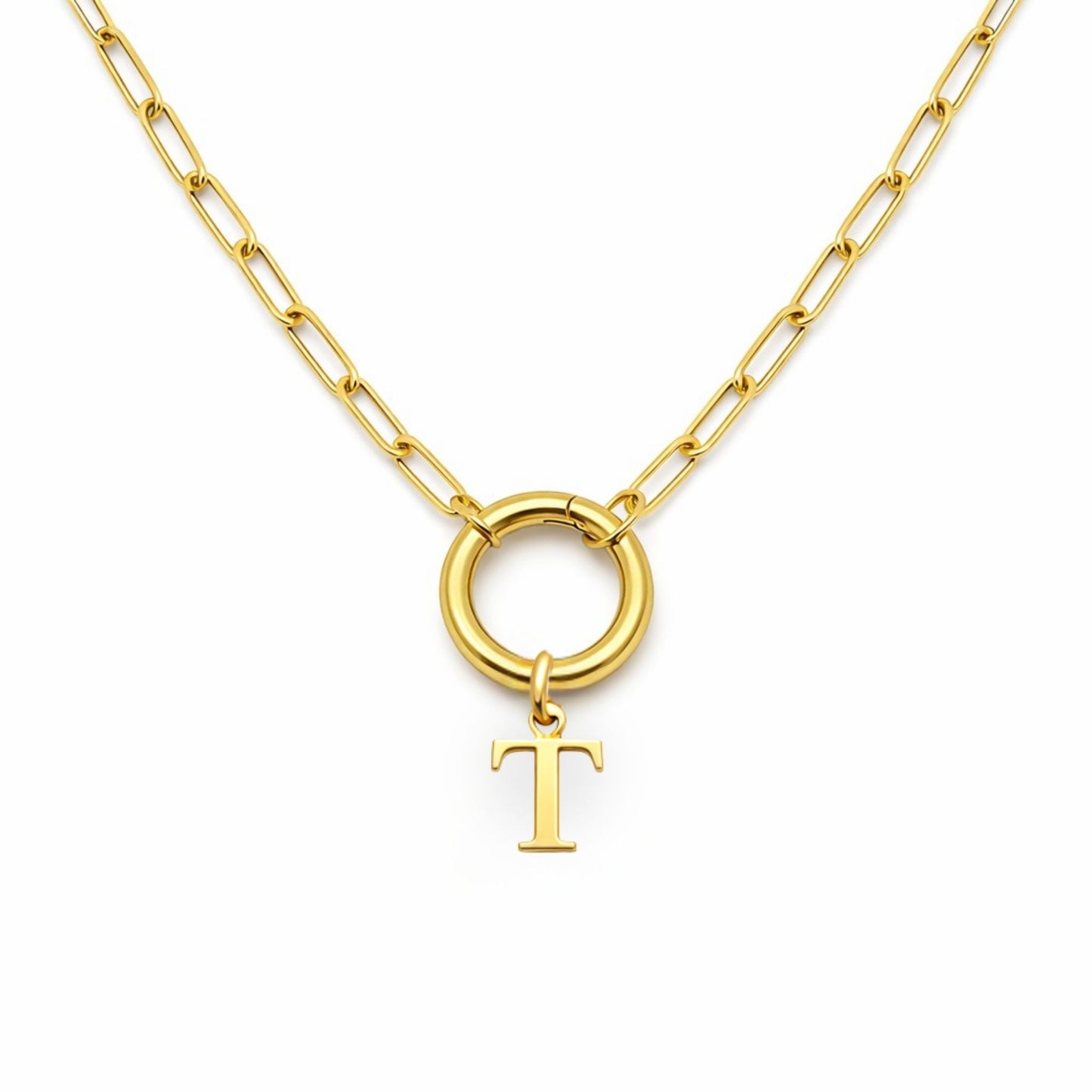 PaperclipLinkCircleCarabinerIntialLetterCharmHolderNecklaceforWomenStainlessSteel20"GingerLyne_Gold-T-1