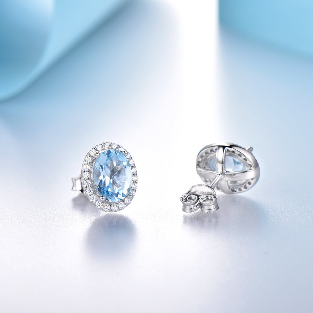 Oval Halo Stud Earrings for Women Blue Topaz Sterling Silver Ginger Lyne Collection