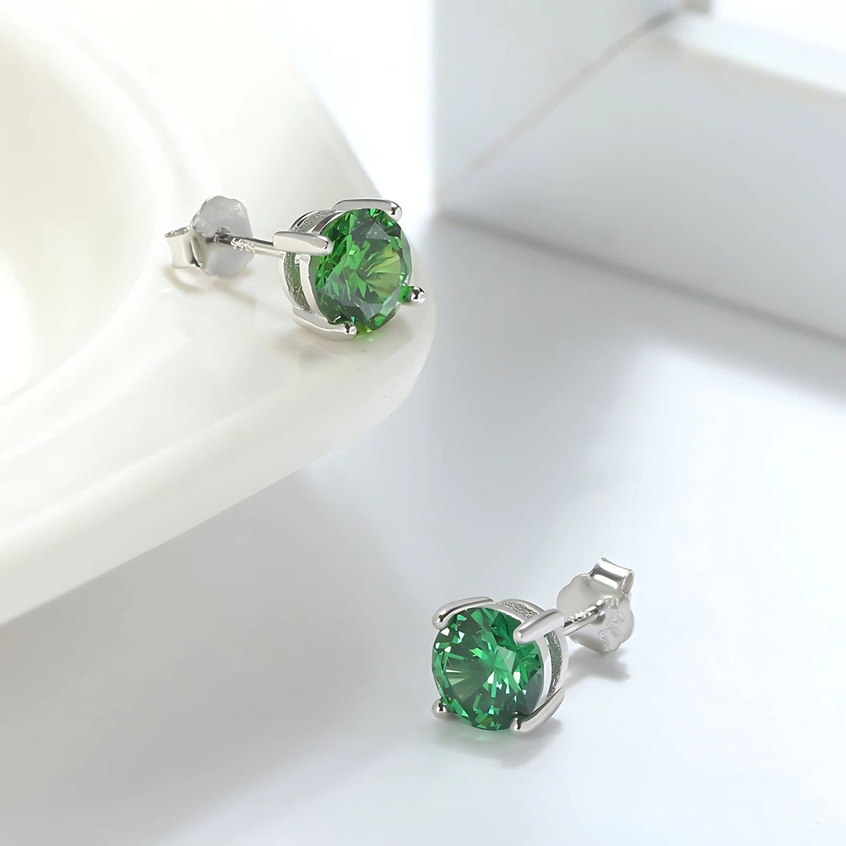 May Birthstone Stud Earrings for Women Green Cubic Zirconia 6mm Sterling Silver Studs by Ginger Lyne - May