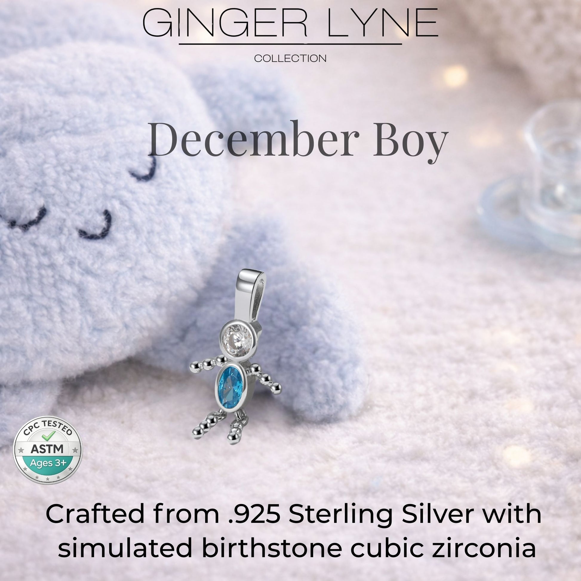 Baby Boy Birthstone Charm Children Pendants for Mom or Grandma Necklace by Ginger Lyne CZ Sterling Silver - Boy December