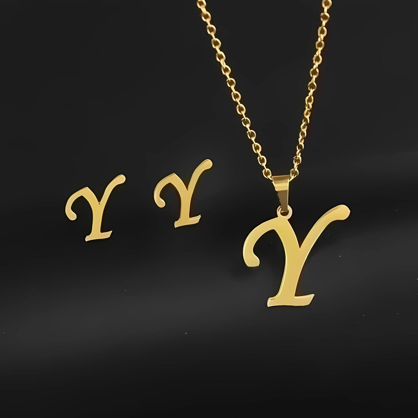 Initial Letter Pendant Necklace Earrings Set for Women Gold Plated Stainless Steel by Ginger Lyne - Y
