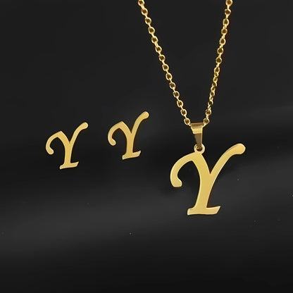 Initial Letter Pendant Necklace Earrings Set for Women Gold Plated Stainless Steel by Ginger Lyne - Y