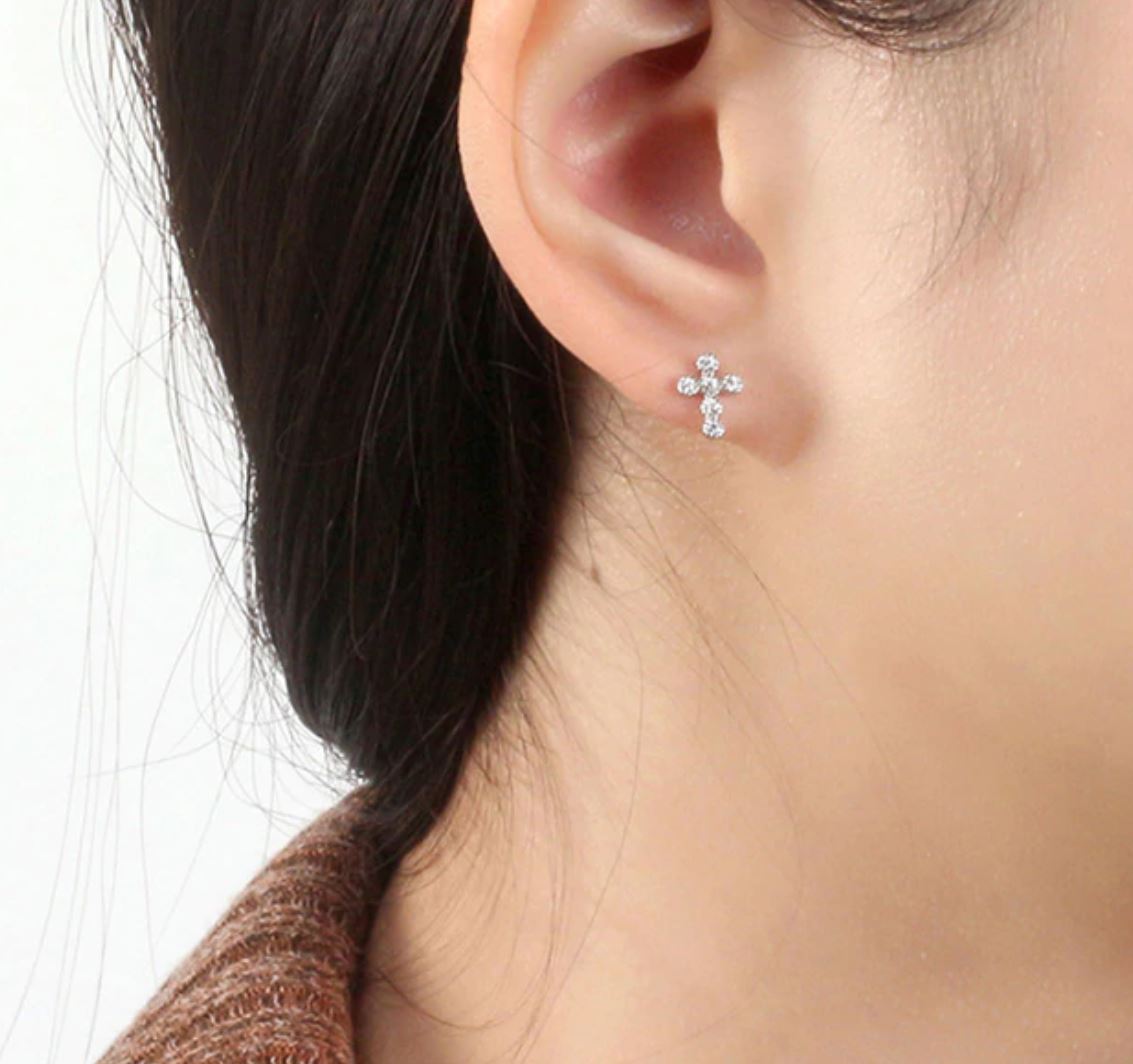 Religious Cross Stud Earrings for Women Cz Sterling Silver Ginger Lyne Collection - Silver