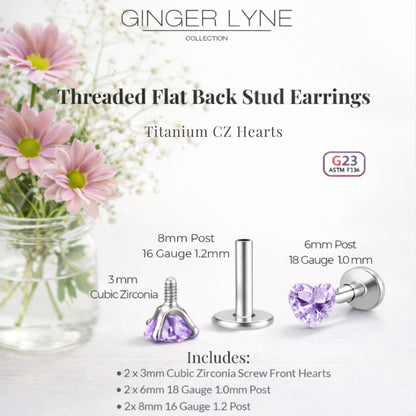 Small Heart CZ Solitaire Flat Back Stud Earrings Titanium Body Piercings by Ginger Lyne 2 Sets Post 6mm 8mm - 3mm-LtPurple