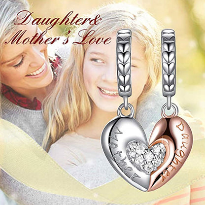 Mother Daughter Heart Charm European Bead Sterling Silver Clear CZ Ginger Lyne Collection