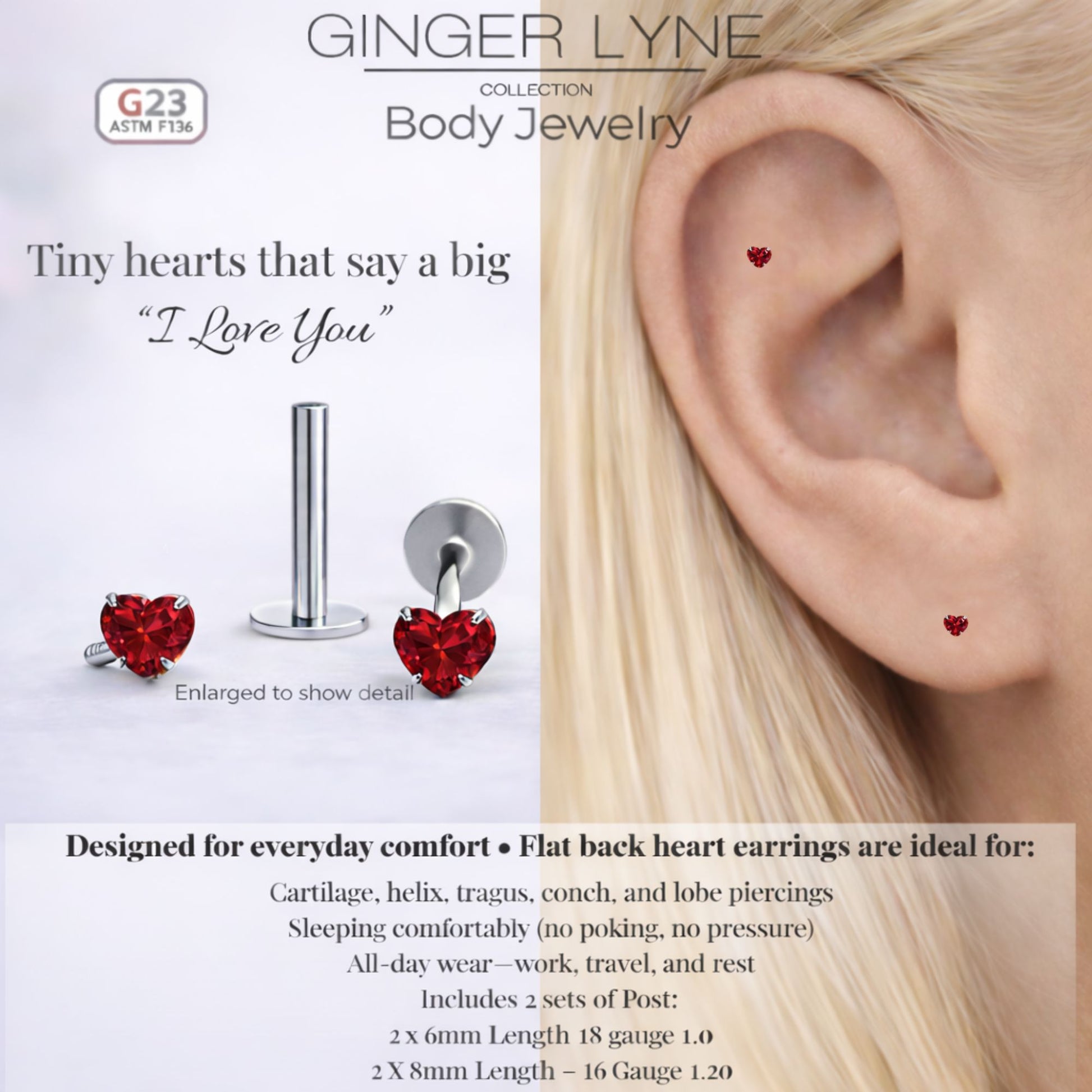 Small Heart CZ Solitaire Flat Back Stud Earrings Body Piercings by Ginger Lyne 2 Sets Post 6mm 8mm Included - 3mm-Red