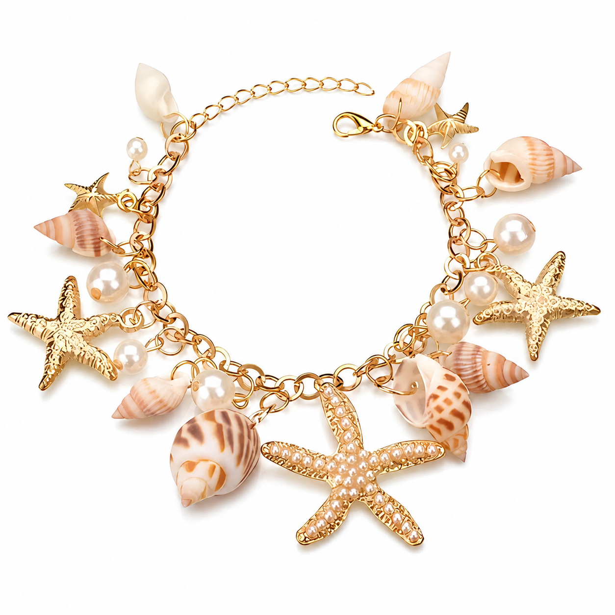 Seashell Charm Bracelet for Women by Ginger Lyne Gold Plated Pearls Starfish and Shells - Gold