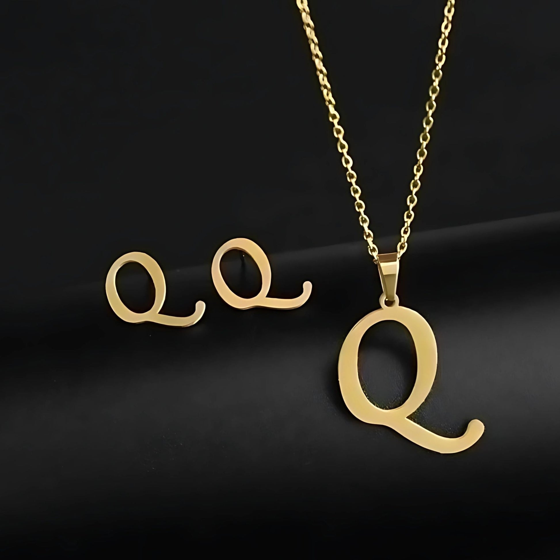 Initial Letter Pendant Necklace Earrings Set for Women Gold Plated Stainless Steel by Ginger Lyne - Q