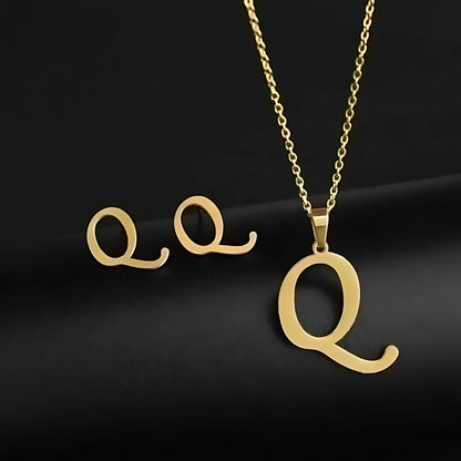 Initial Letter Pendant Necklace Earrings Set for Women Gold Plated Stainless Steel by Ginger Lyne - Q