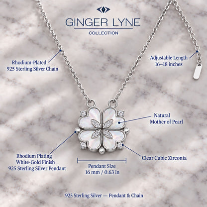 4 Leaf Clover Heart Pendant Necklace for Women Magnetic Sterling Silver Ginger Lyne Collection - White Gold