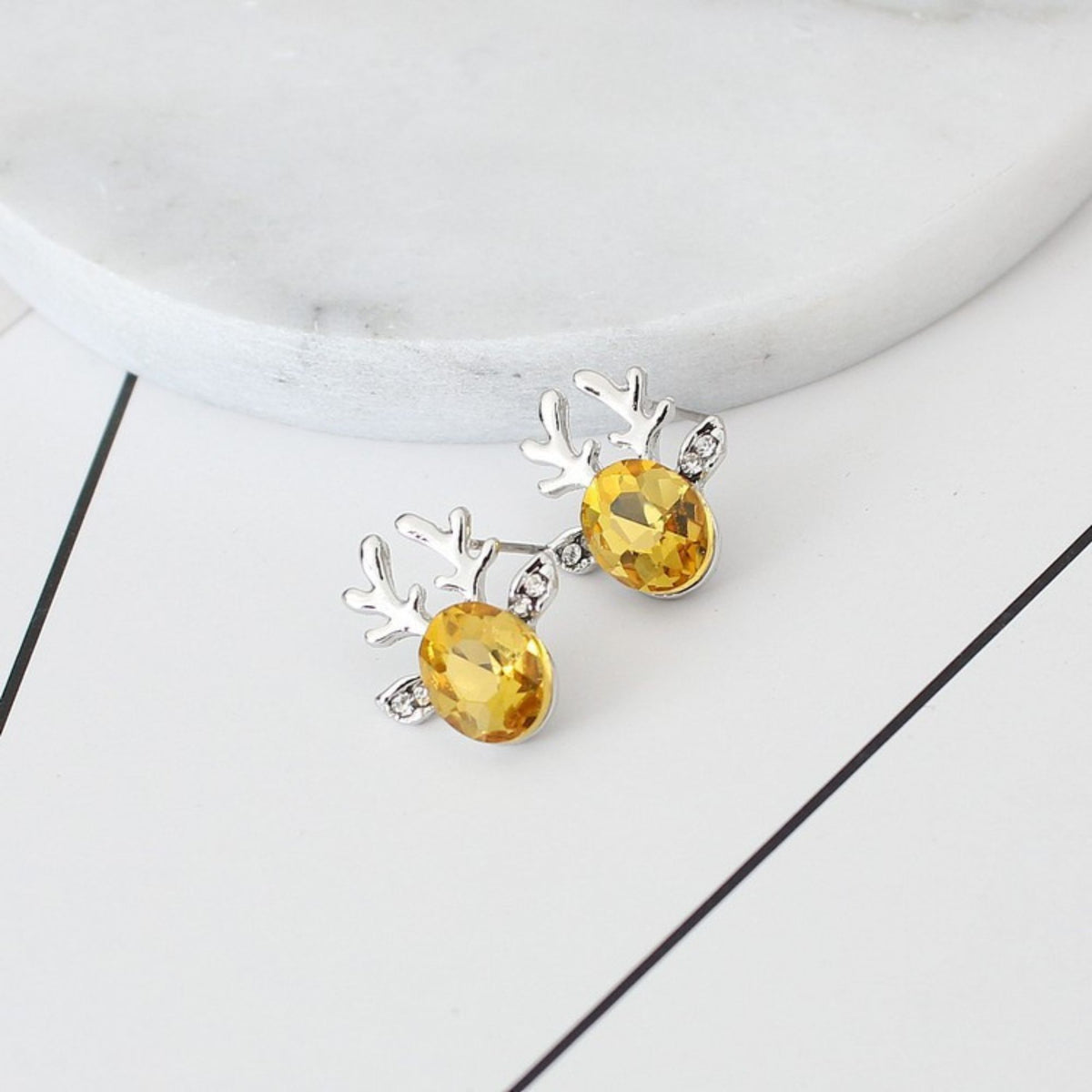 Yellow Cubic Zirconia Reindeer Stud Earrings for Women Christmas Holiday Studs Brass by Ginger Lyne - Yellow