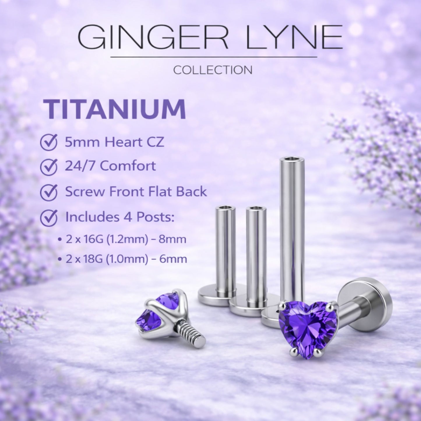 Small Heart CZ Solitaire Flat Back Stud Earrings Body Piercings by Ginger Lyne 2 Sets Post 6mm 8mm Included - 5mm-DKPurple