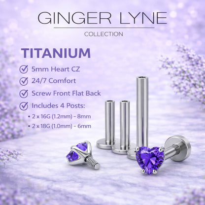 Small Heart CZ Solitaire Flat Back Stud Earrings Body Piercings by Ginger Lyne 2 Sets Post 6mm 8mm Included - 5mm-DKPurple