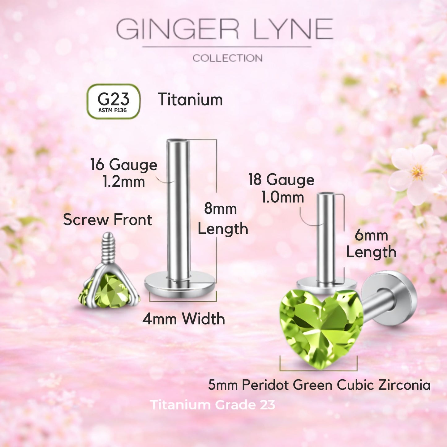 Small Heart CZ Solitaire Flat Back Stud Earrings Body Piercings by Ginger Lyne 2 Sets Post 6mm 8mm Included - 5mm-PeridotGreen