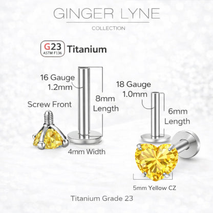 Small Heart CZ Solitaire Flat Back Stud Earrings Body Piercings by Ginger Lyne 2 Sets Post 6mm 8mm Included - 5mm-Yellow