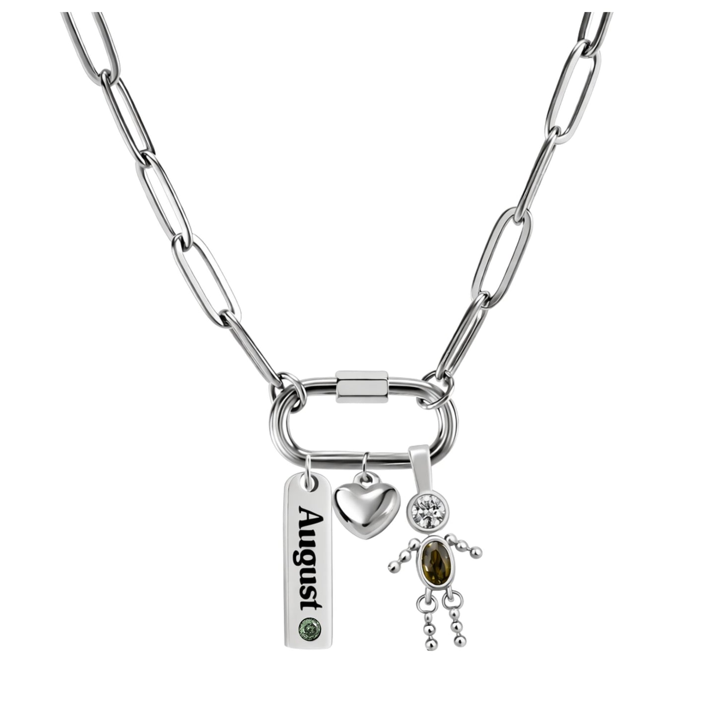 CarabinerFamilyBirthstoneNecklaceforMomorGrandmabyGingerLyneStainlessSteelCZBirthdayCharms_Male-August-Silver-1