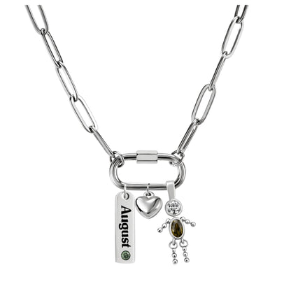 CarabinerFamilyBirthstoneNecklaceforMomorGrandmabyGingerLyneStainlessSteelCZBirthdayCharms_Male-August-Silver-1