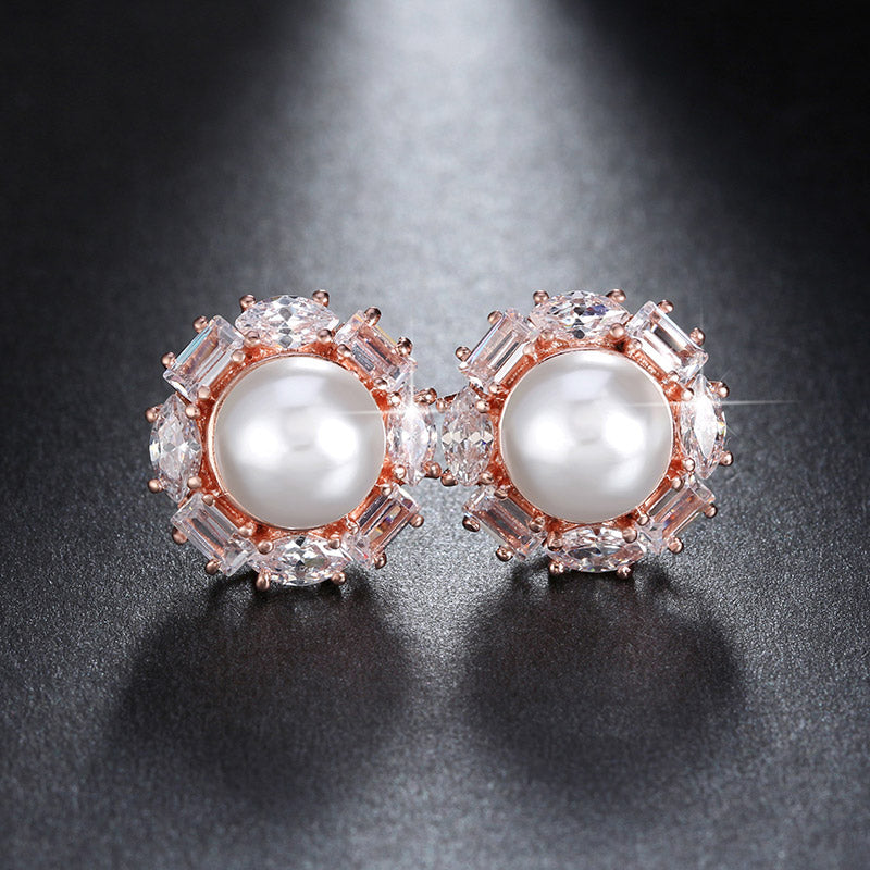 Baguette Cut Stud Earrings for Women Cubic Zirconia Simulated Pearl Ginger Lyne Collection - Rose Gold