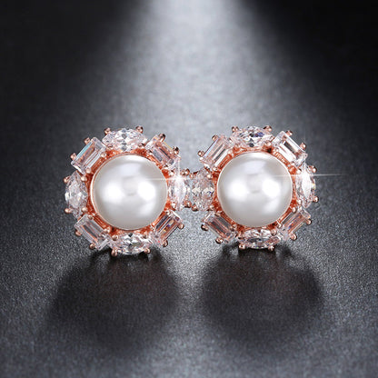 Baguette Cut Stud Earrings for Women Cubic Zirconia Simulated Pearl Ginger Lyne Collection - Rose Gold