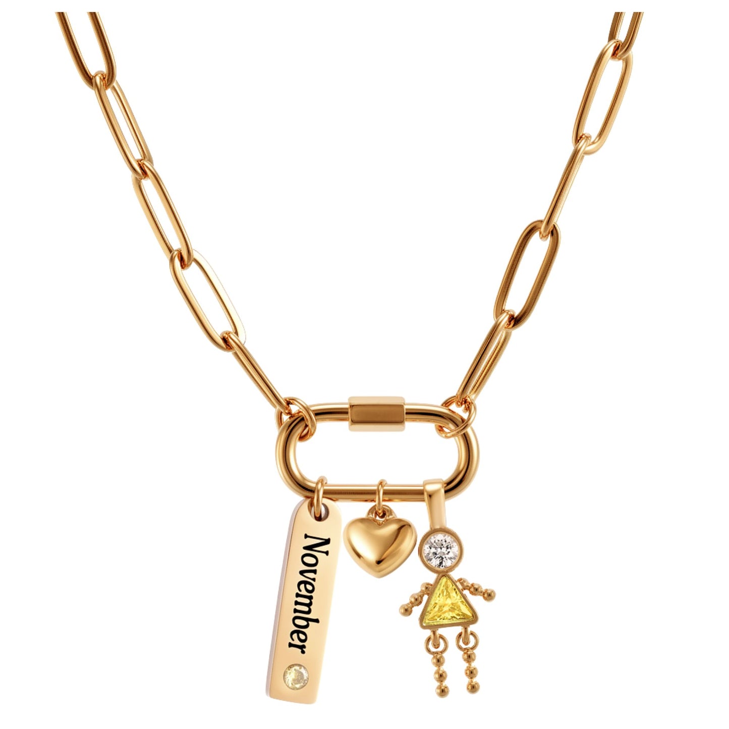 CarabinerFamilyBirthstoneNecklaceforMomorGrandmabyGingerLyneStainlessSteelCZBirthdayCharms_Female-November-Gold-1