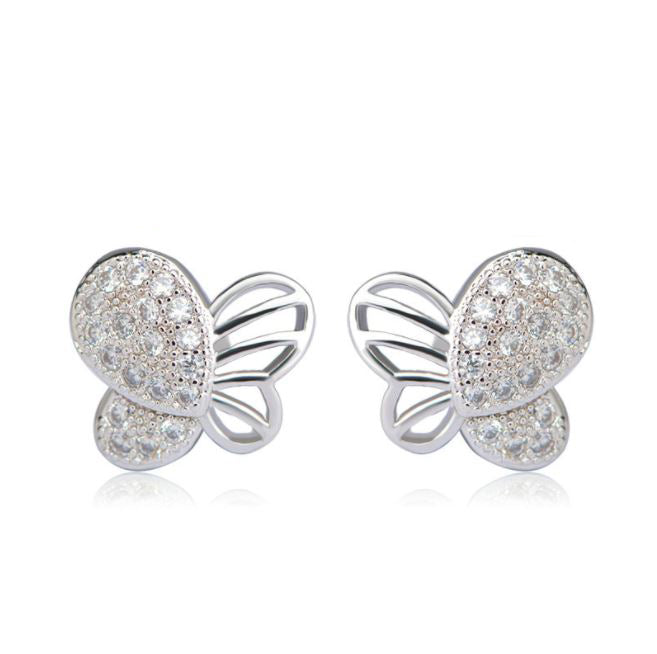 Butterfly Stud Earrings Gold Plated Cubic Zirconia for Girls and Women Ginger Lyne Collection - Silver