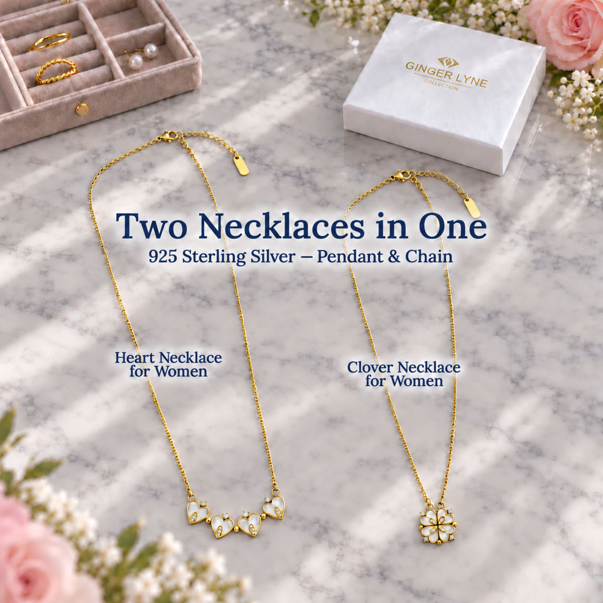 4 Leaf Clover Heart Pendant Necklace for Women Magnetic Sterling Silver Ginger Lyne Collection - Gold