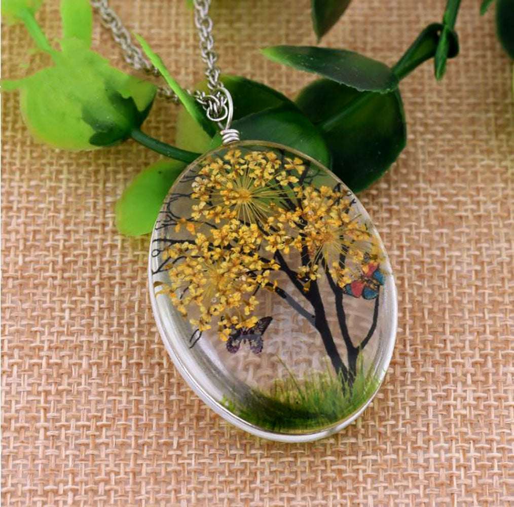 Dried Flower Oval Tree Butterfly Pendant Necklace Women Ginger Lyne Collection